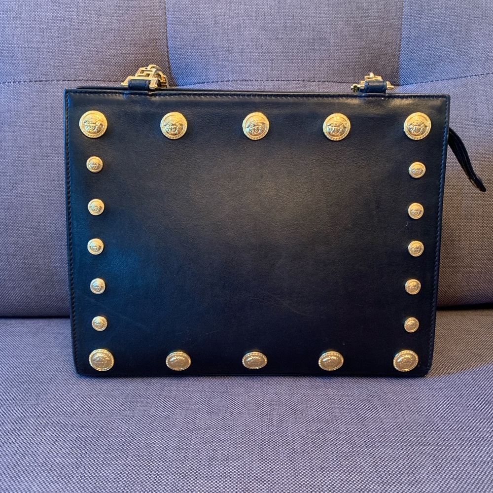 1990s Gianni Versace Couture Medusa Handbag Greek Key Gold Chain Bondage RARE !